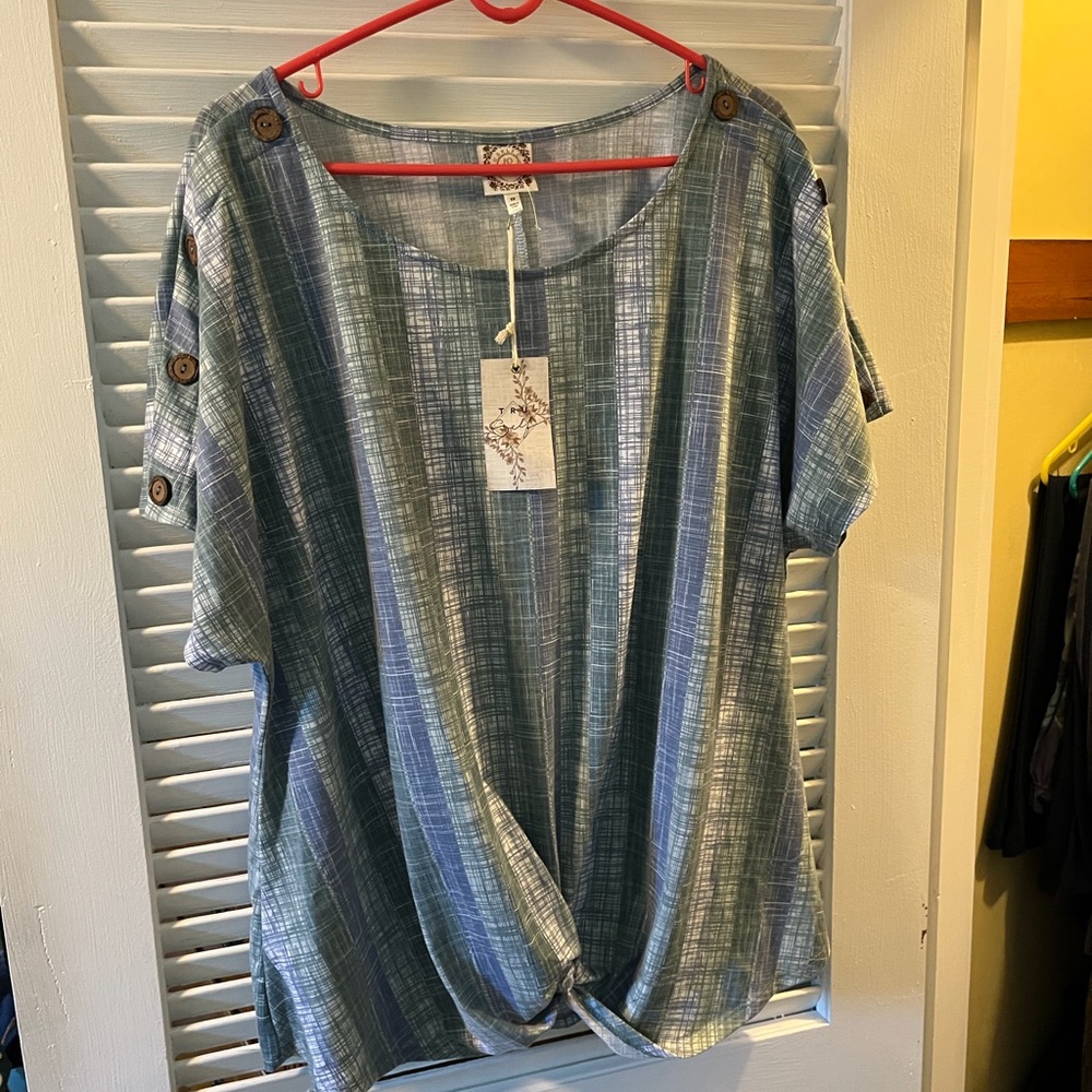 Blue Plaid Women's Tunic Top with button detail.